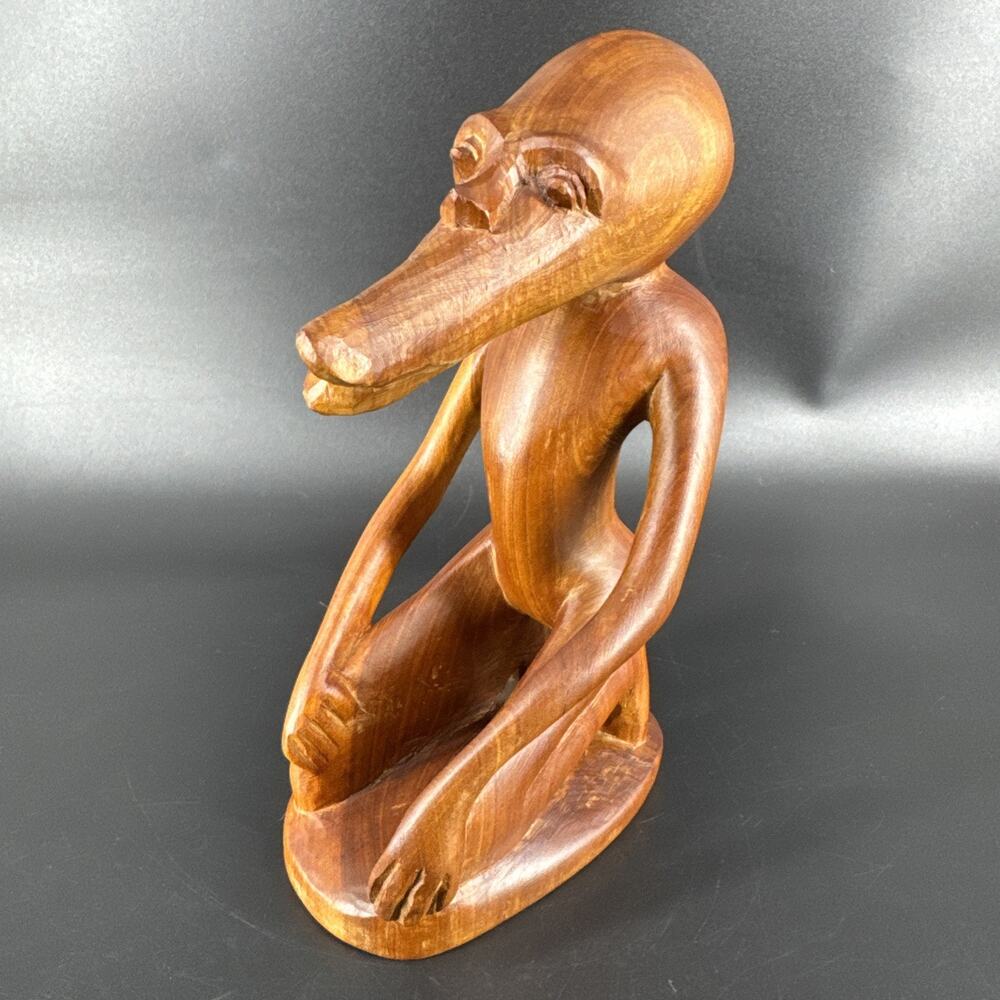 Wood Carved Monkey Figure Sitting Unique OOAK Long Mouth